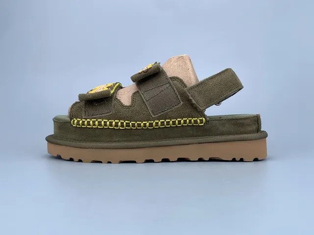 UGG Vert Armée Beige Olive Daim Broderie Florale Straps Sandales Casual 2