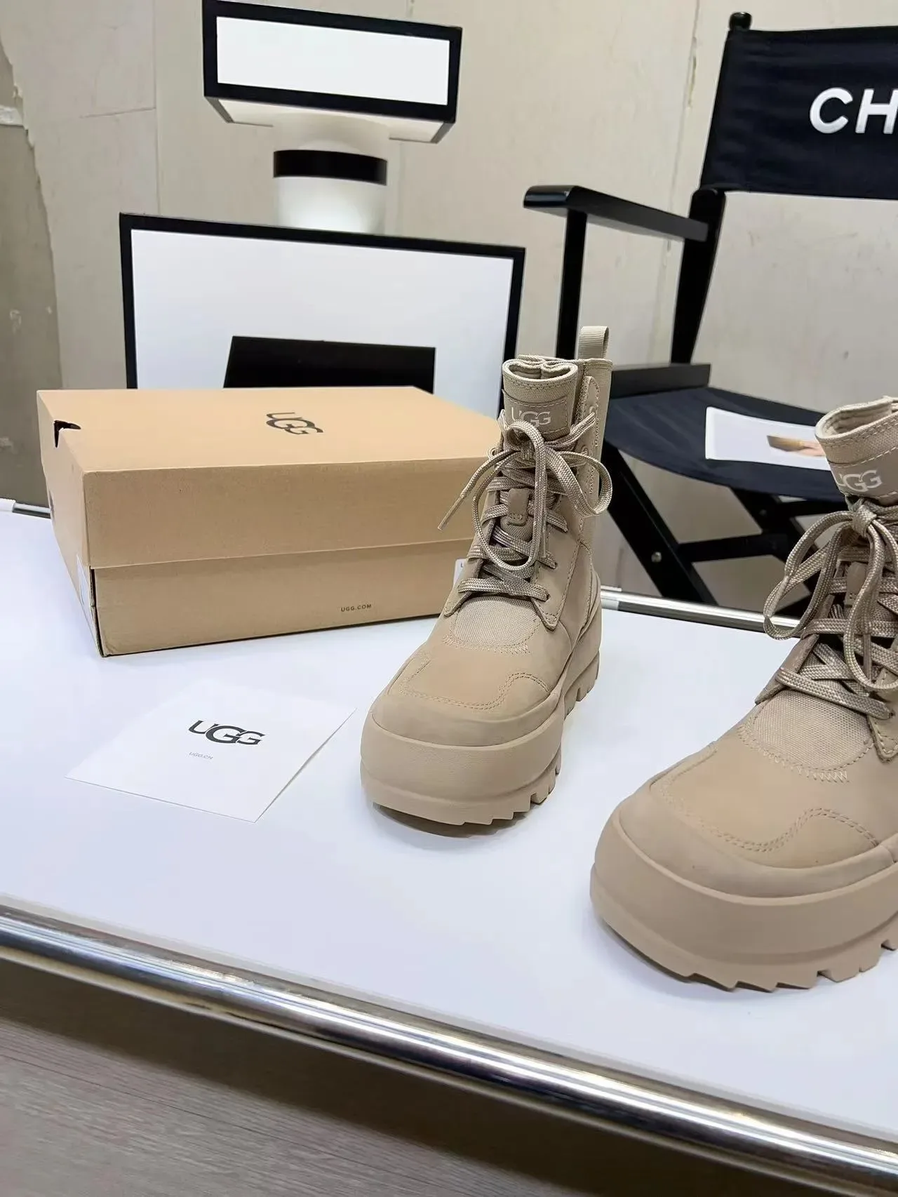 UGG Beige Lace-Up Canvas-Upper Ankle Boots 2