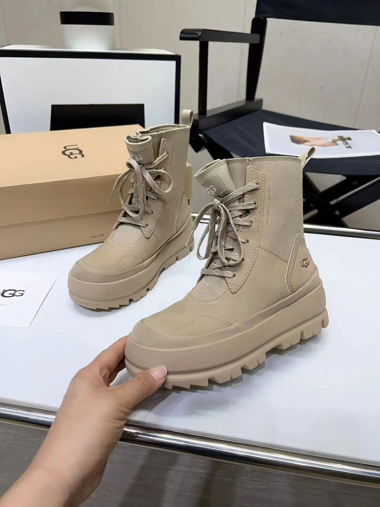 UGG Beige Lace-Up Canvas-Upper Ankle Boots 4