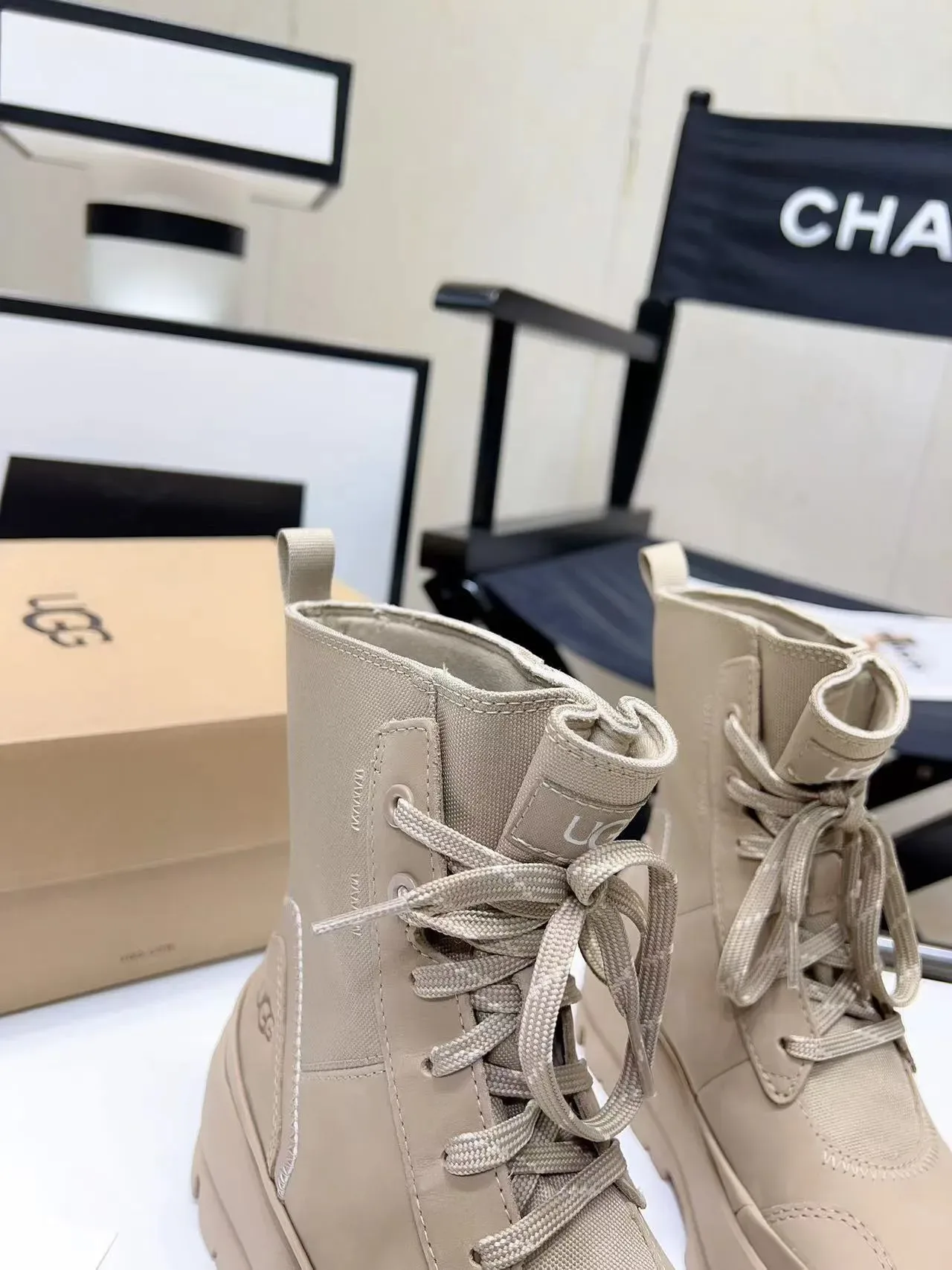 UGG Beige Lace-Up Canvas-Upper Ankle Boots 5