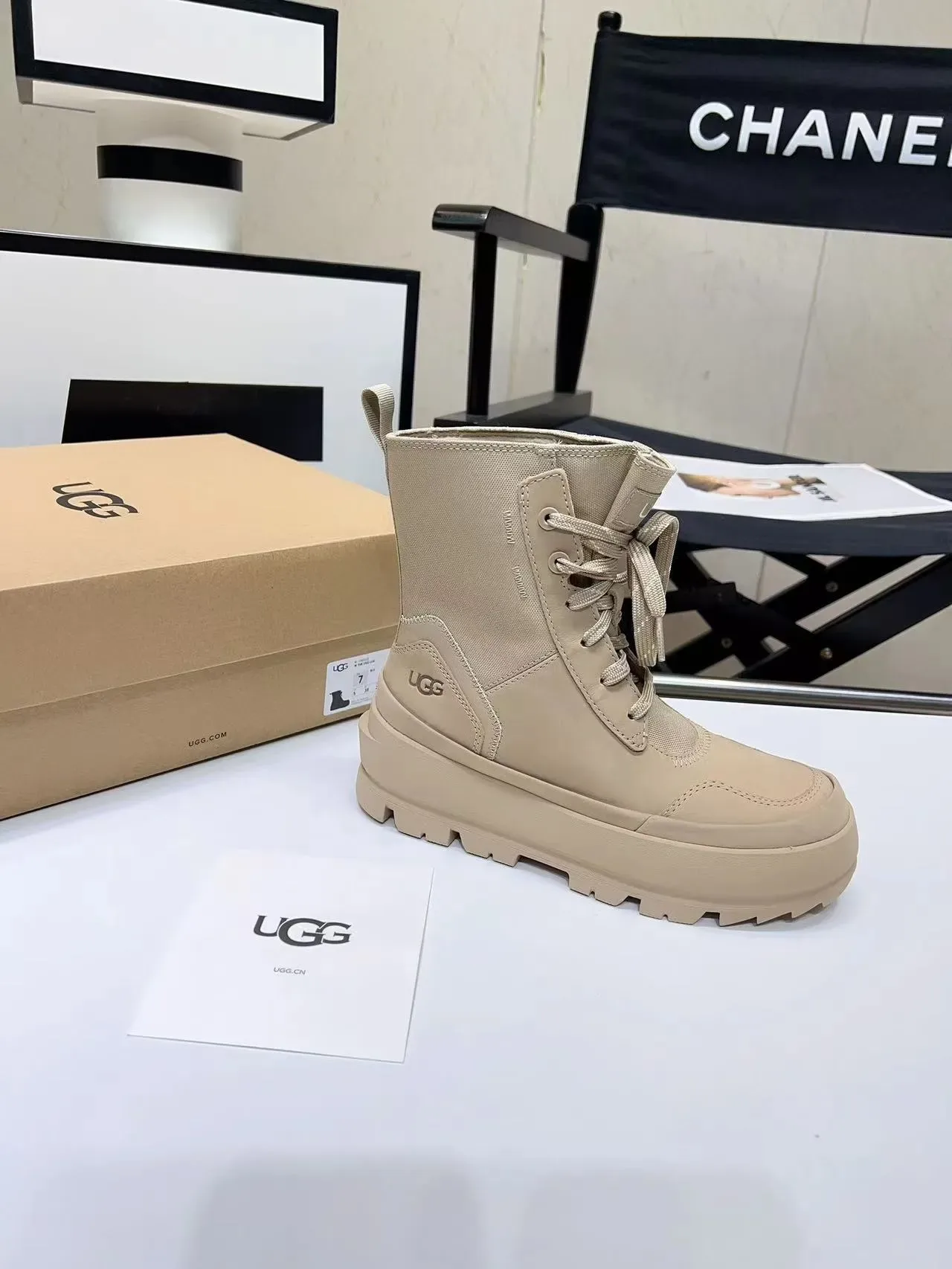 UGG Beige Lace-Up Canvas-Upper Ankle Boots 6