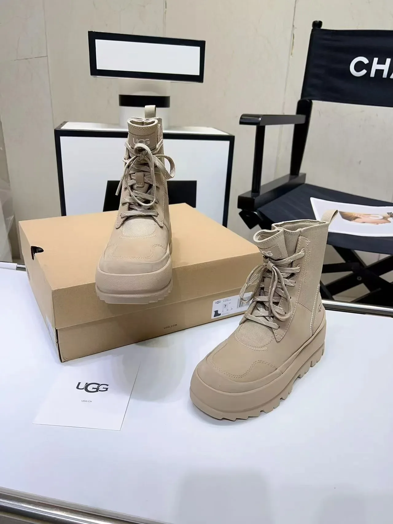 UGG Beige Lace-Up Canvas-Upper Ankle Boots 7
