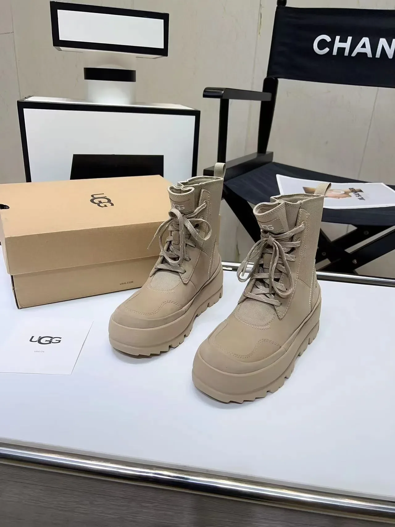 UGG Beige Lace-Up Canvas-Upper Ankle Boots 8