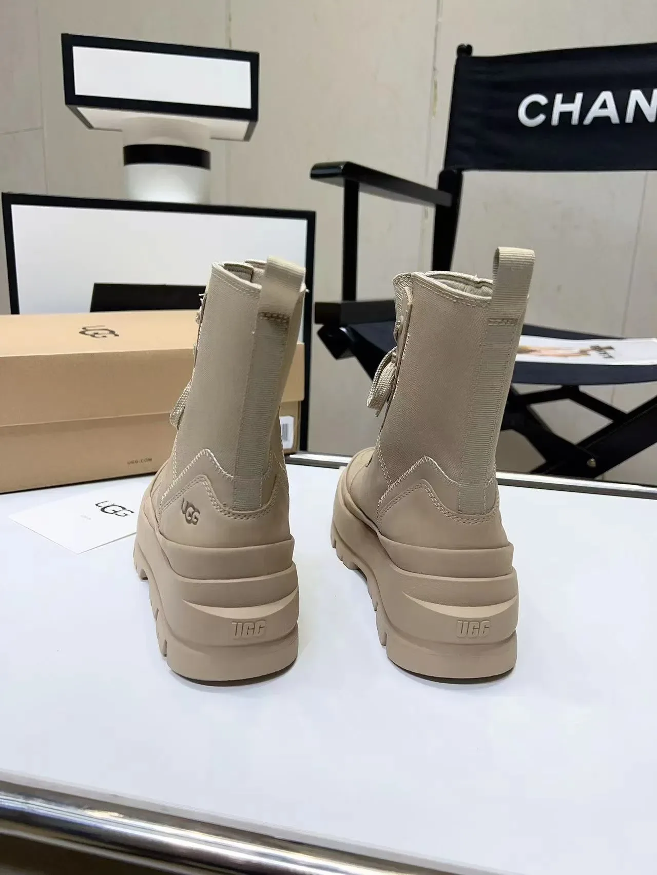 UGG Beige Lace-Up Canvas-Upper Ankle Boots 9