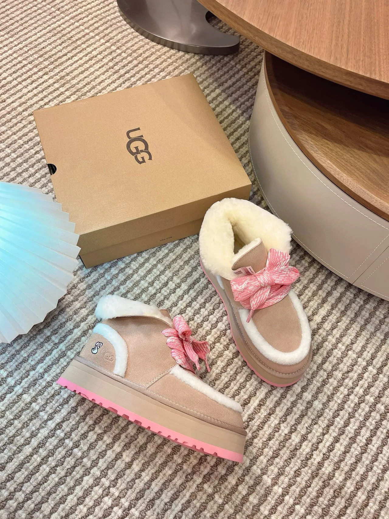 UGG Beige Pink Platform Sole Shearling-Lined Snow Boots 2