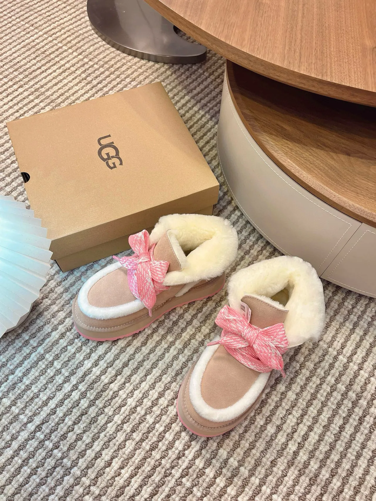 UGG Beige Pink Platform Sole Shearling-Lined Snow Boots 4