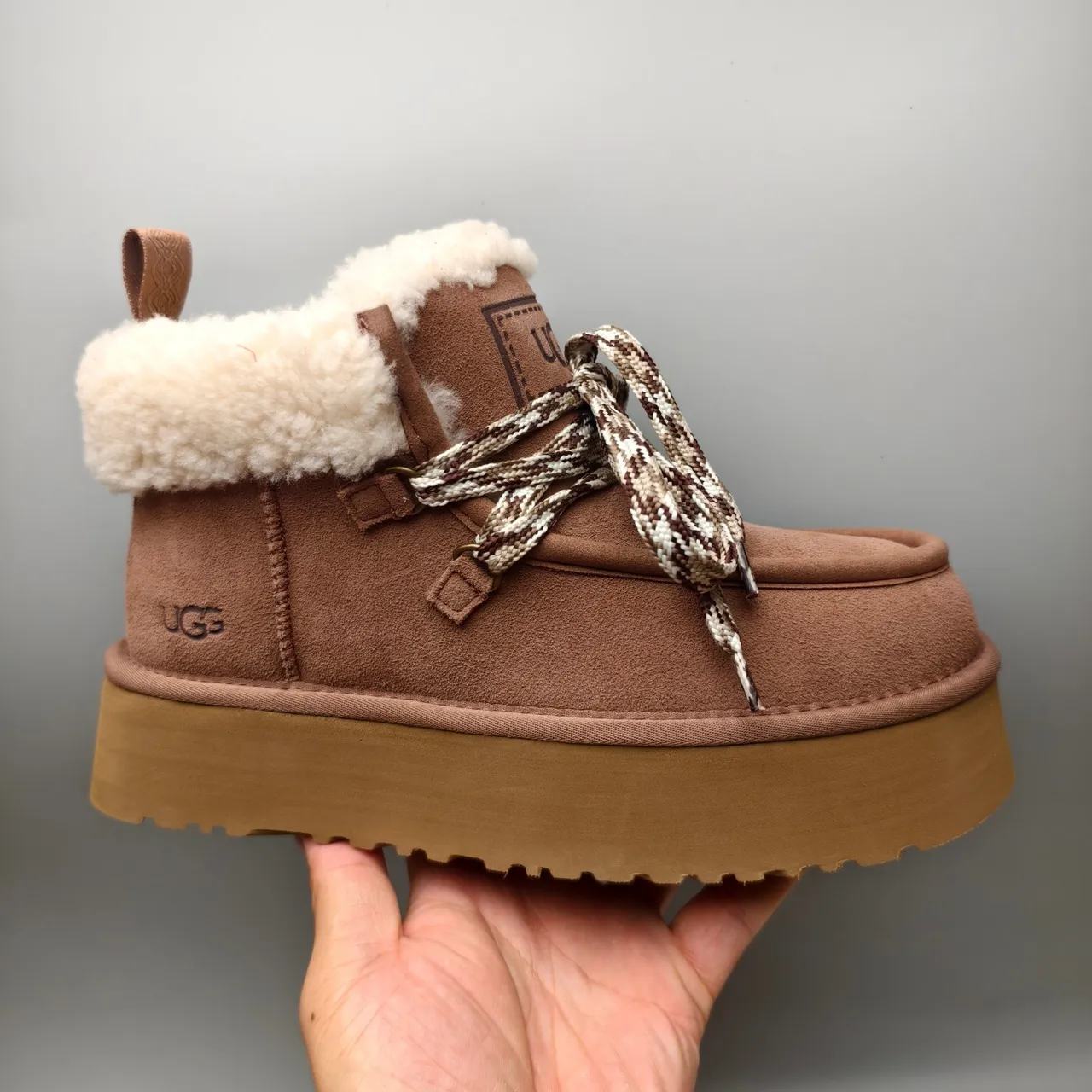 UGG Brown Beige Platform Sole Braided Laces Snow Boots 2
