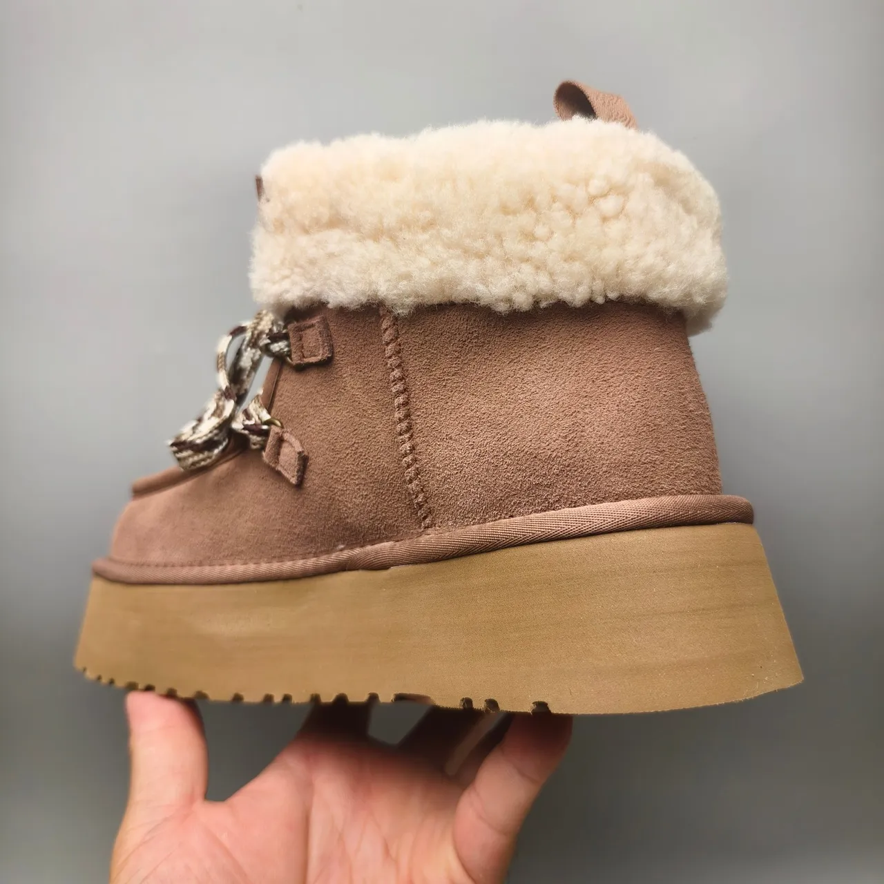 UGG Brown Beige Platform Sole Braided Laces Snow Boots 4