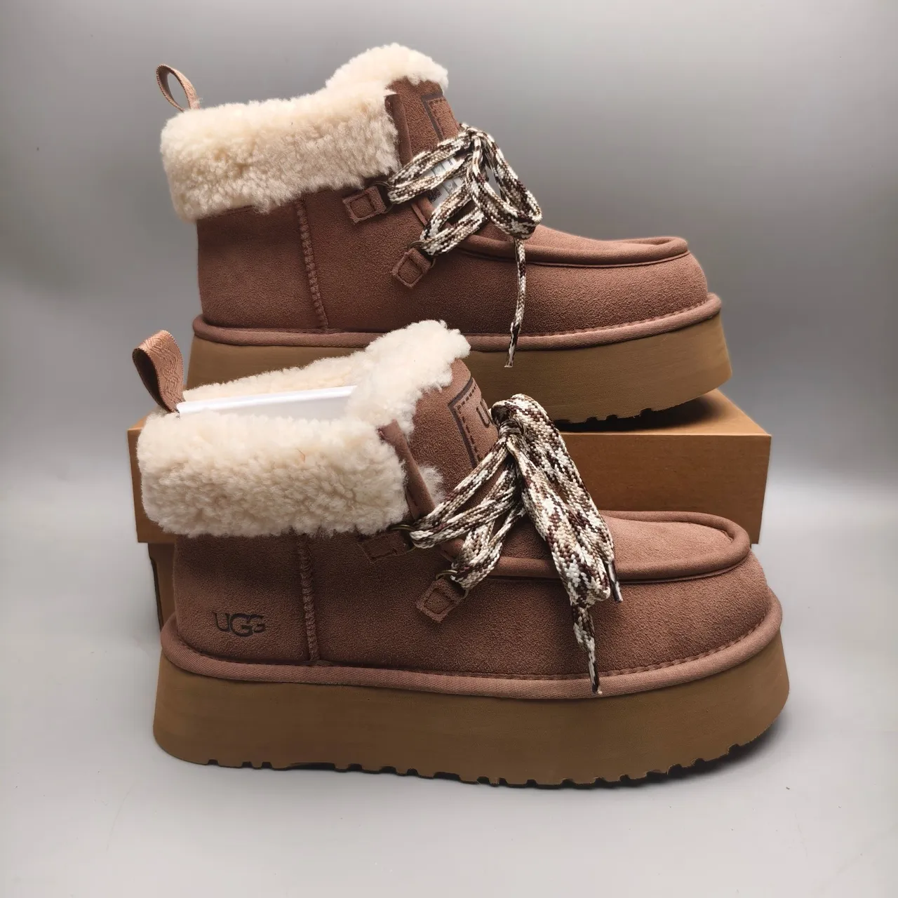 UGG Brown Beige Platform Sole Braided Laces Snow Boots 5