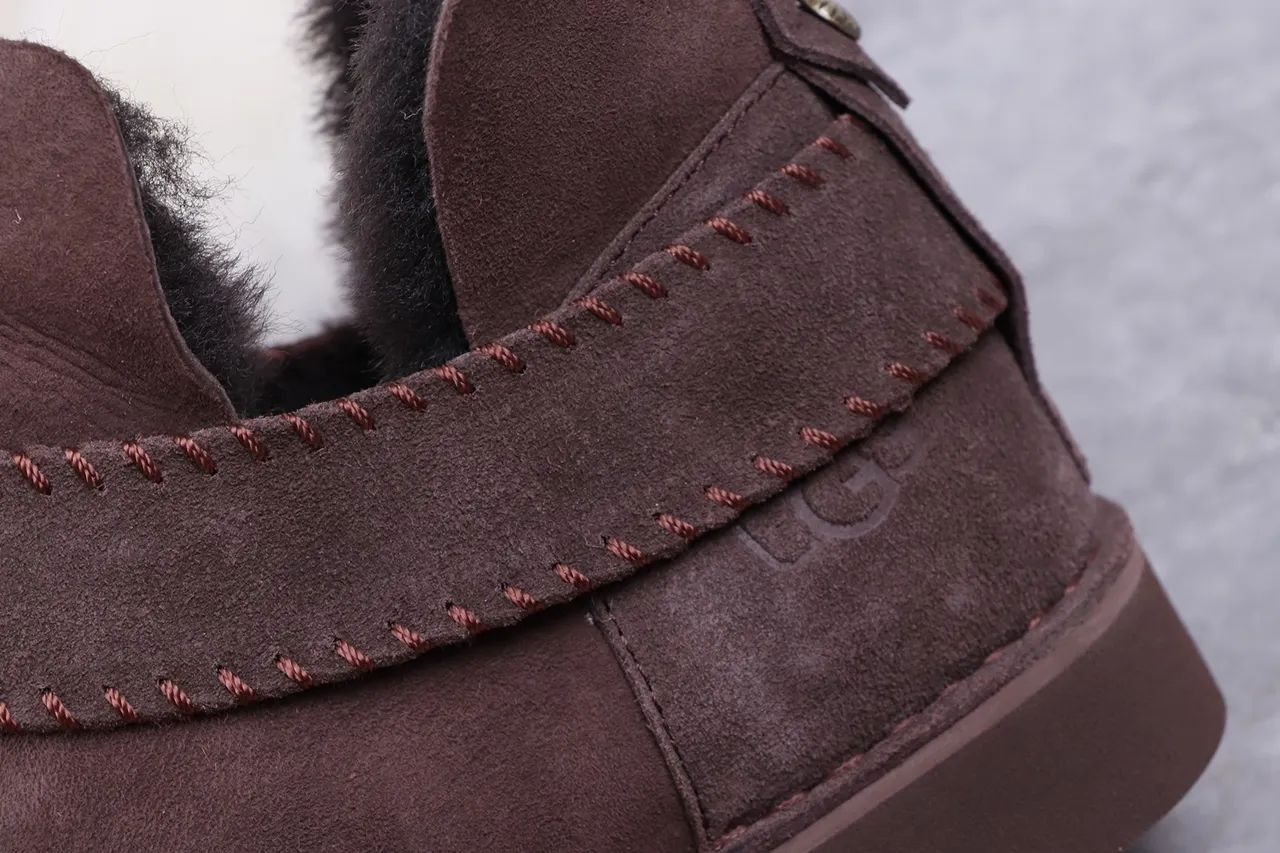 UGG بني أسود جلد مخمل علوي محشو بصوف الكبش حذاء كاحل 3