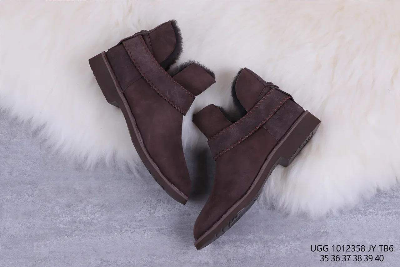 UGG بني أسود جلد مخمل علوي محشو بصوف الكبش حذاء كاحل 7