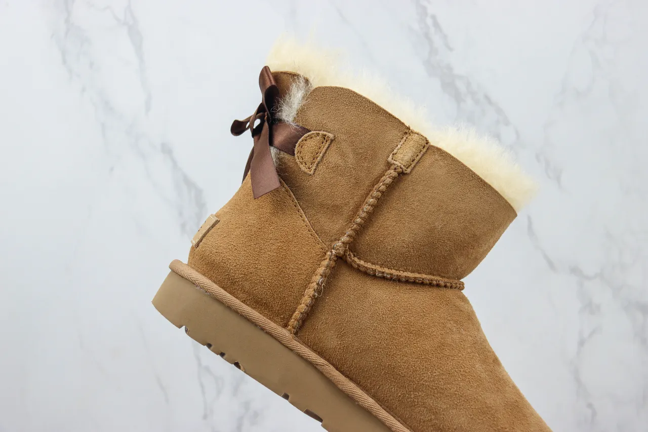 UGG Classic Mini Bow Tan Suede Shearling-Lined Snow Boots 3
