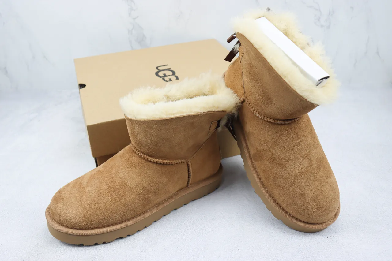 UGG Classic Mini Bow Tan Suede Shearling-Lined Snow Boots 6