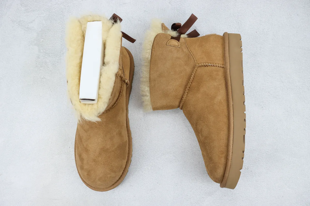 UGG Classic Mini Bow Tan Suede Shearling-Lined Snow Boots 8