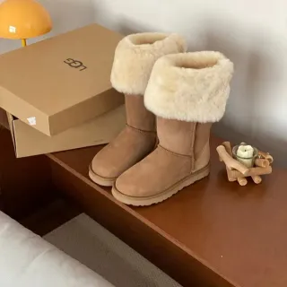 UGG Classic Tall Tan Suede Shearling-Cuffed Snow Boots