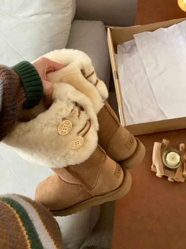 UGG Classic Tall Tan Suede Shearling-Cuffed Snow Boots 8