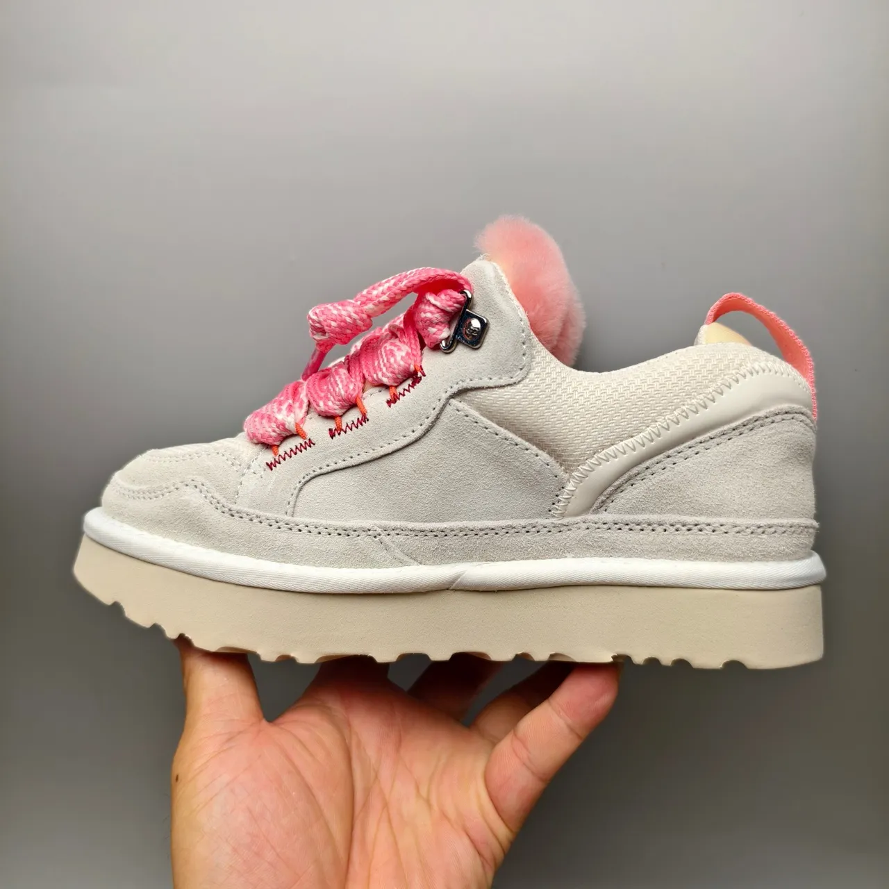 UGG Gray Pink Shearling-Lined Suede-and-Mesh Upper Lifestyle Sneakers 2