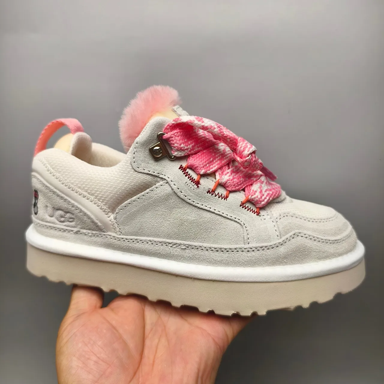 UGG Gray Pink Shearling-Lined Suede-and-Mesh Upper Lifestyle Sneakers 3