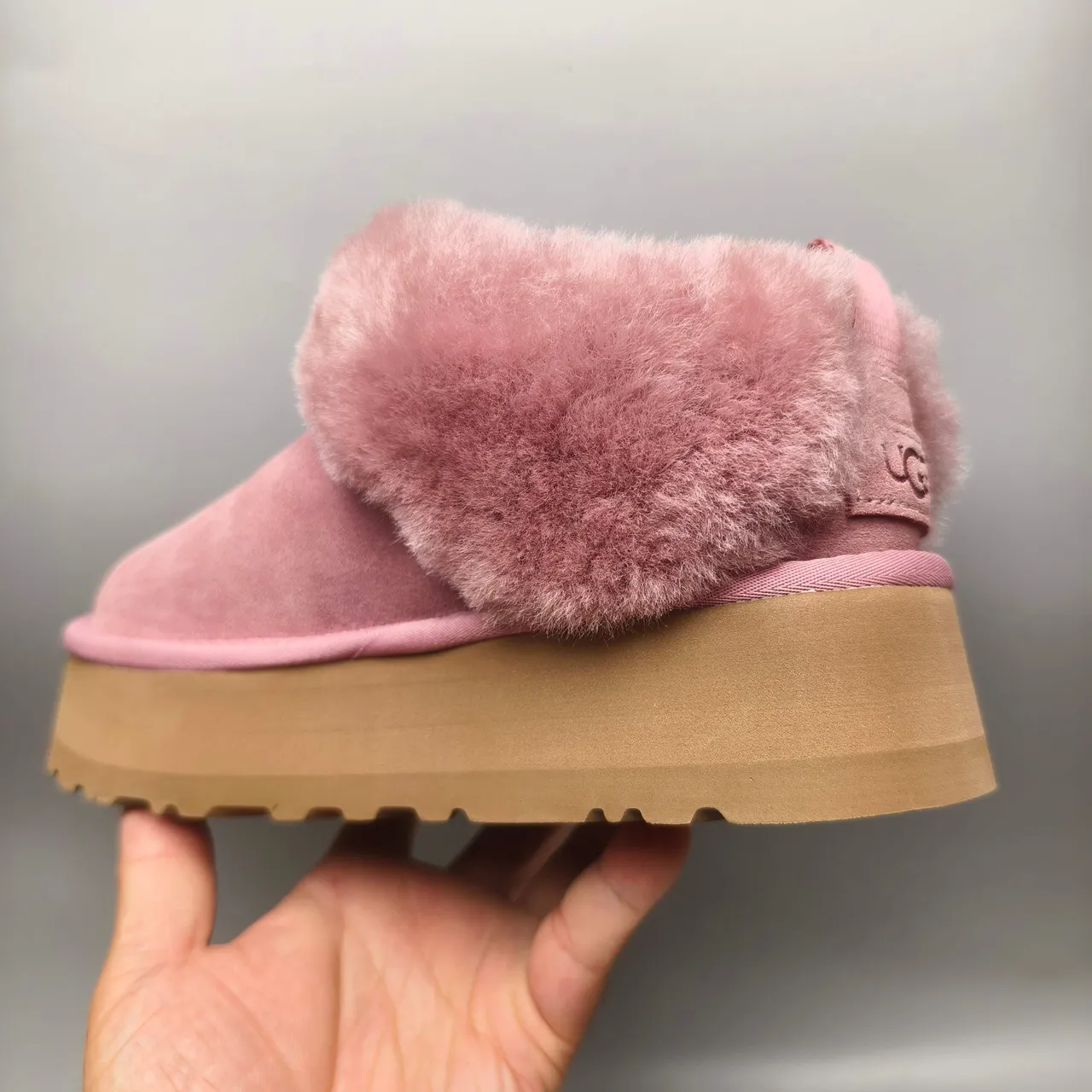 UGG Pink Brown Slip-On Platform Shearling-Collared Snow Boots 4