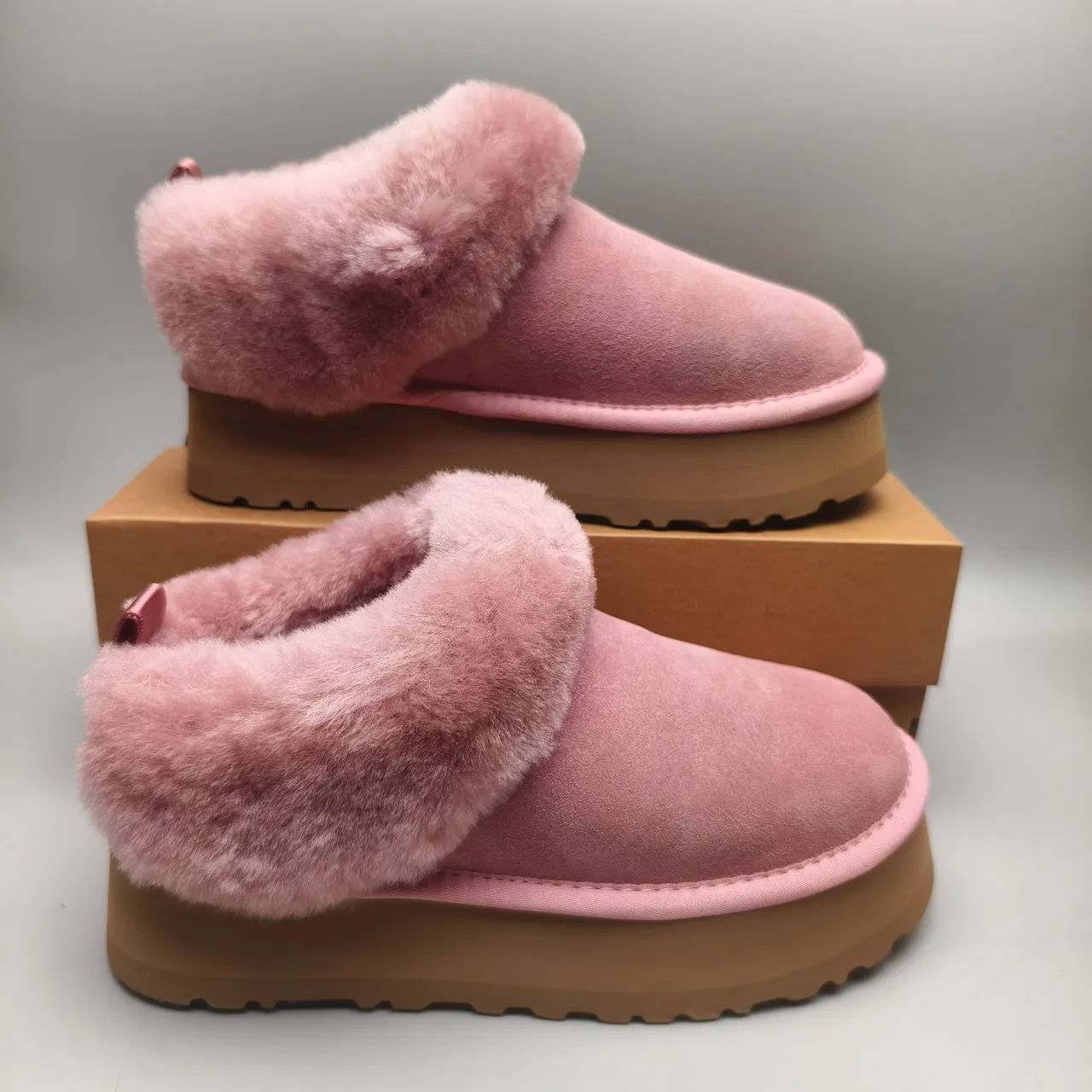 UGG Pink Brown Slip-On Platform Shearling-Collared Snow Boots 5