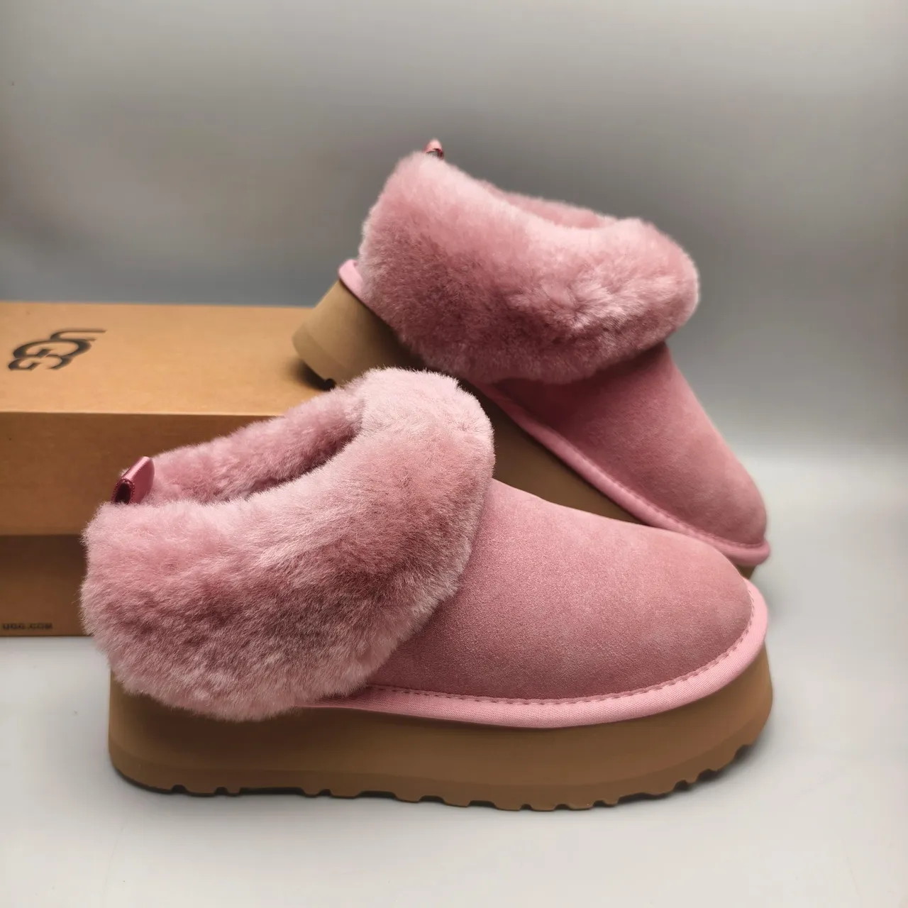 UGG Pink Brown Slip-On Platform Shearling-Collared Snow Boots 6