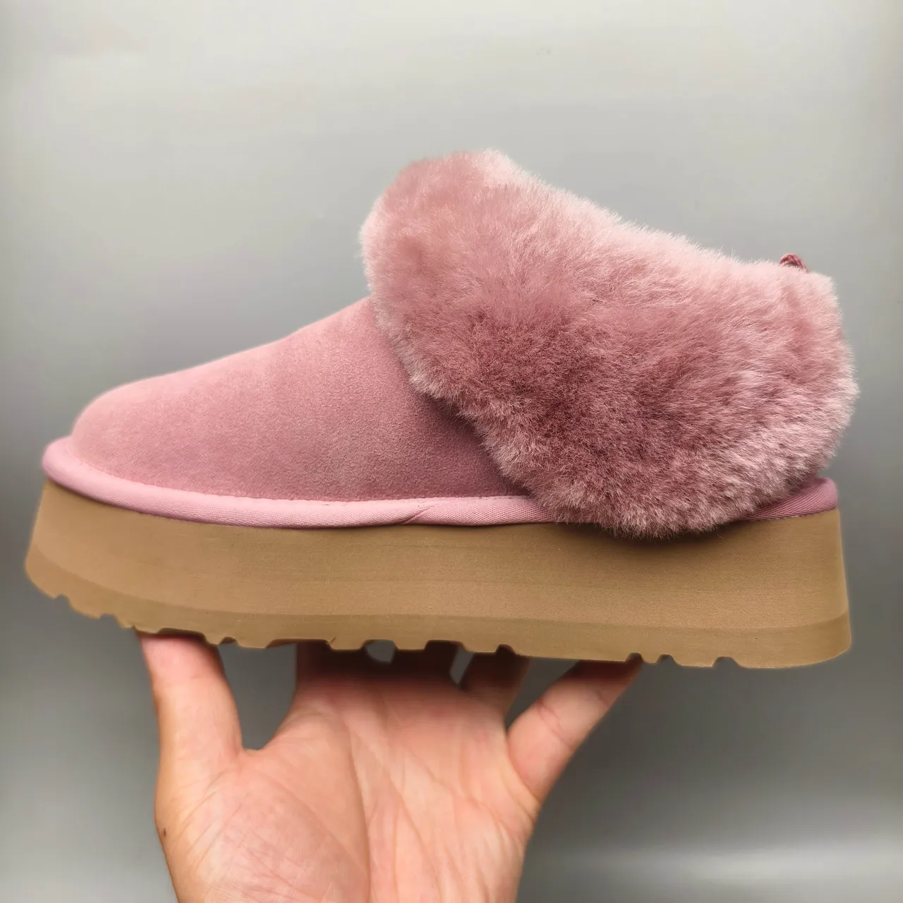UGG Pink Brown Slip-On Platform Shearling-Collared Snow Boots 7