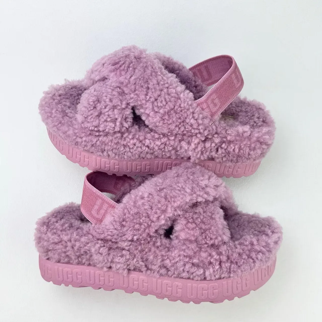 UGG Pink Plush Shearling Upper Cross-Strap Design Slippers 6