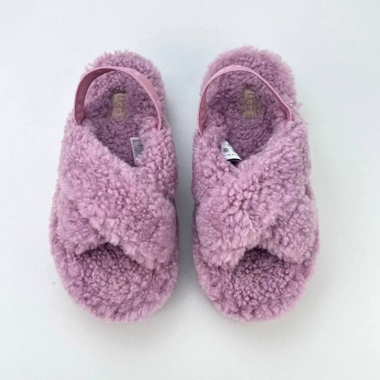 UGG Pink Plush Shearling Upper Cross-Strap Design Slippers 8