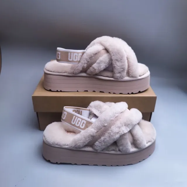 UGG Tasman Beige Fuzzy Crisscross Platform Slippers 2