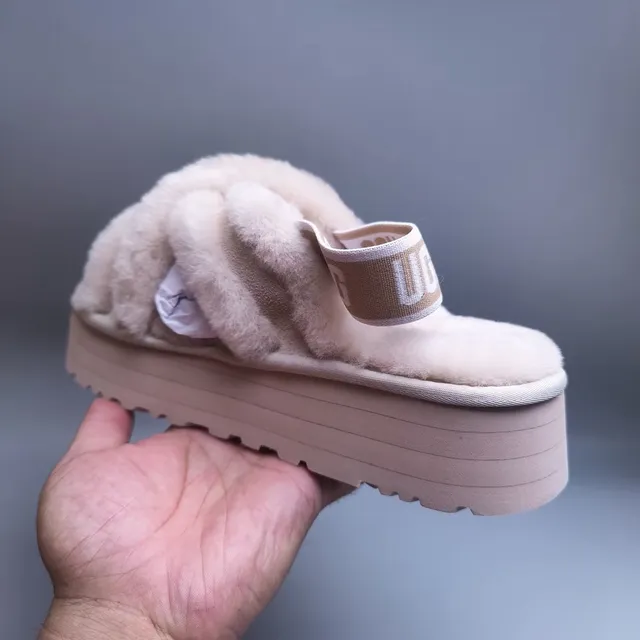 UGG Tasman Beige Fuzzy Crisscross Platform Slippers 6
