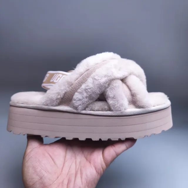 UGG Tasman Beige Fuzzy Crisscross Platform Slippers 7