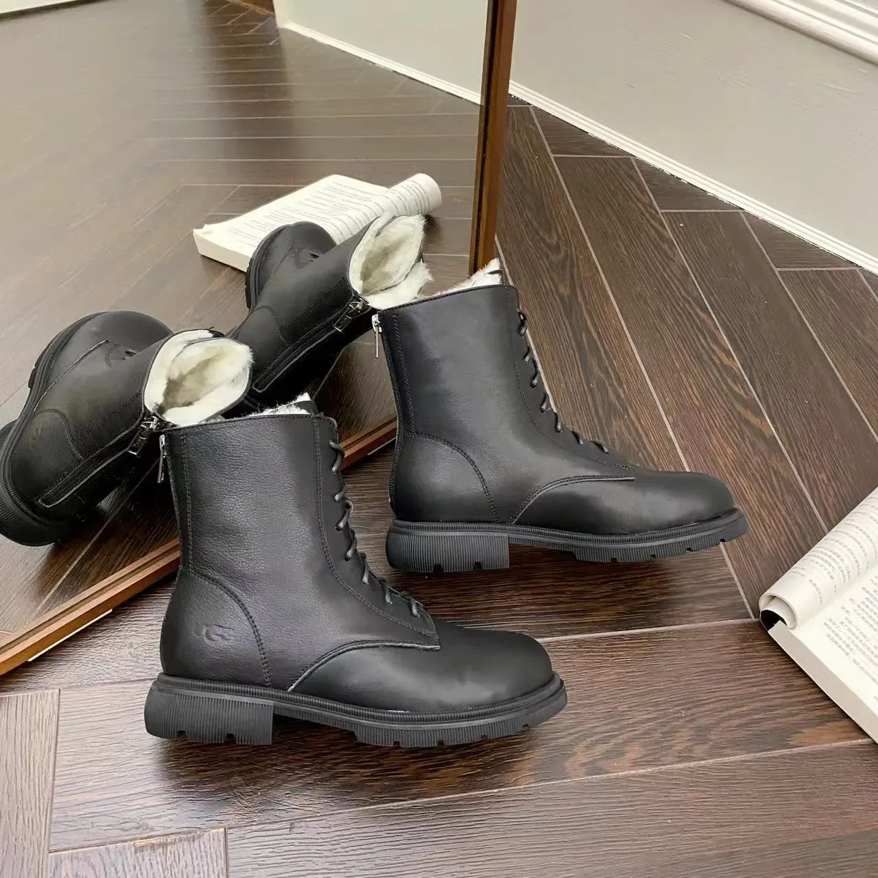 UGG Tasman Black White Lace-Up Shearling-Lined Ankle Boots 3
