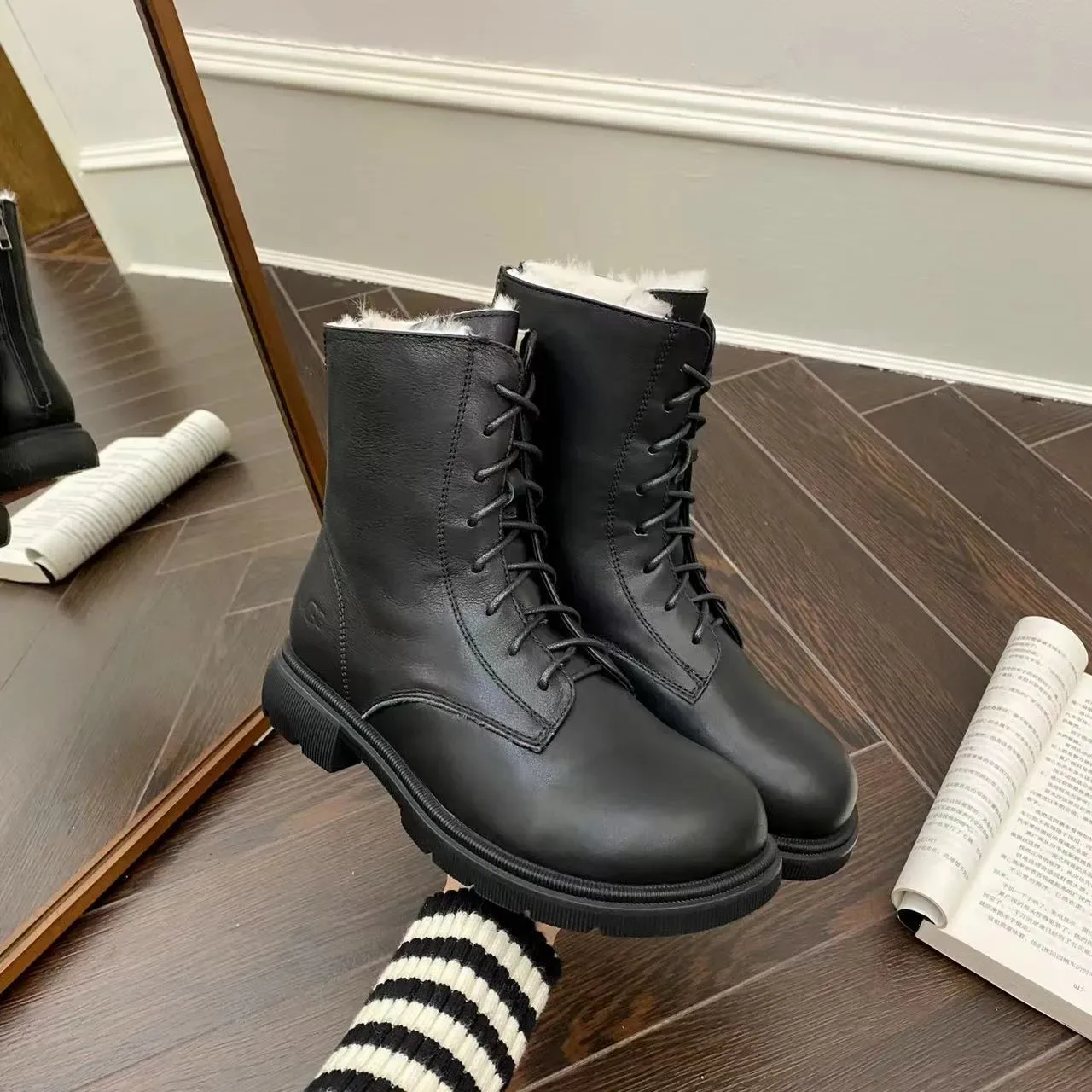 UGG Tasman Black White Lace-Up Shearling-Lined Ankle Boots 4