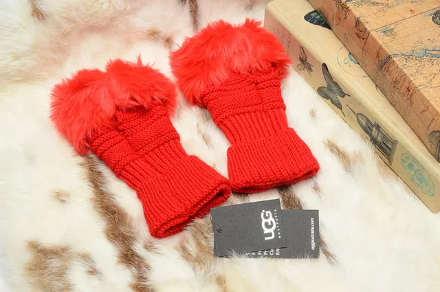 UGG Tasman Red White Ribbed Faux-Fur Cuff Knit Gloves 12