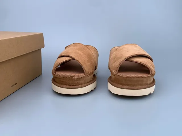UGG Tasman Tan Suede Cross-Strap Platform Slippers 9