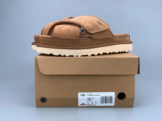 UGG Tasman Tan Suede Cross-Strap Platform Slippers 10