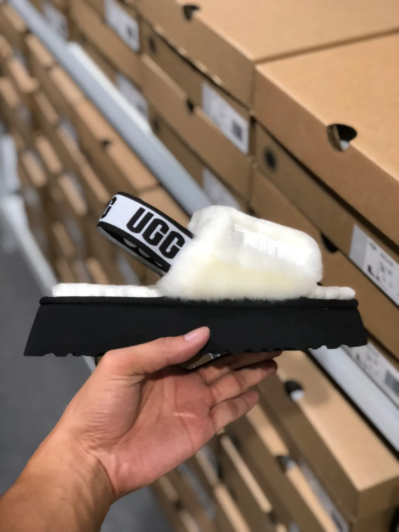 UGG Tasman White Shearling Black Platform Slippers 7