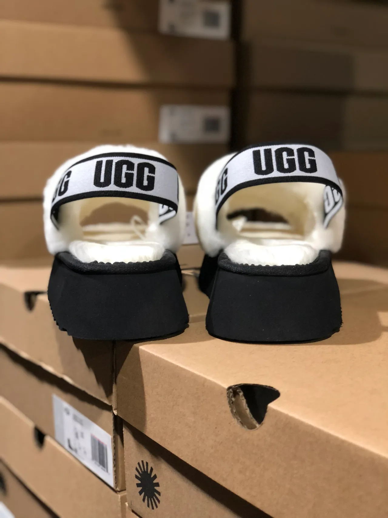 UGG Tasman White Shearling Black Platform Slippers 8