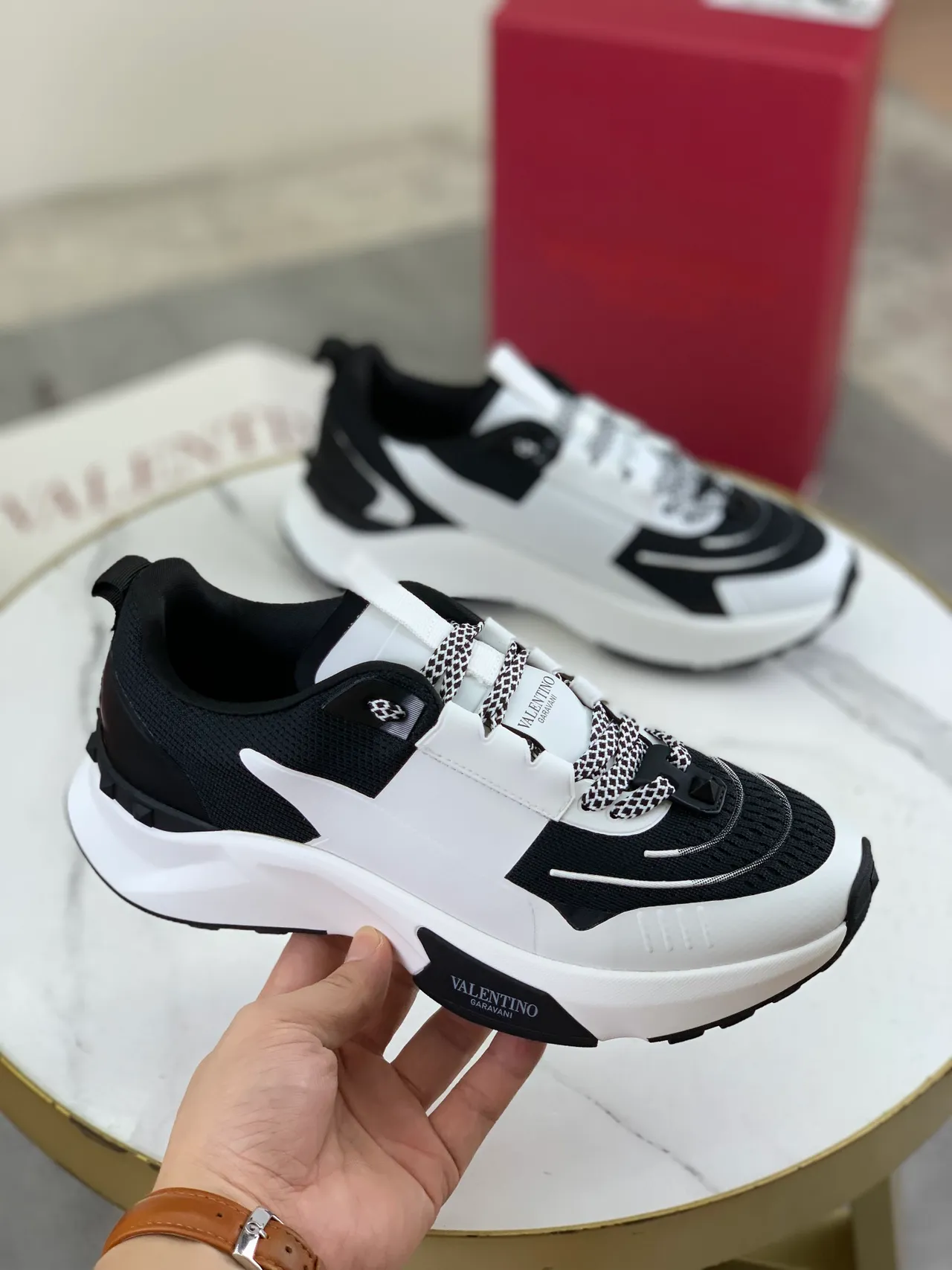 Valentino Rockstud Black White Platform Sole Color Blocking Chunky Sneakers 5