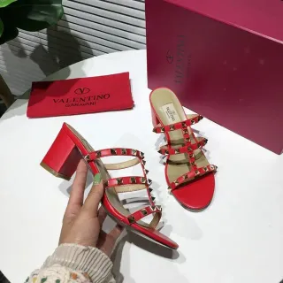 Valentino Rockstud Red Studded Block Heel Gladiator Sandals