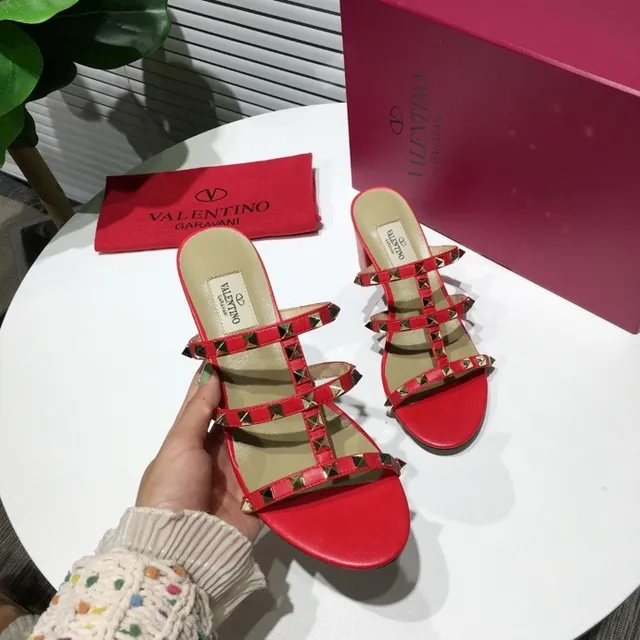 Valentino Rockstud Red Studded Block Heel Gladiator Sandals 7
