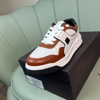 Valentino Rockstud White Brown Layered Leather And Perforated Mesh Sculpted Sole Chunky Sneakers