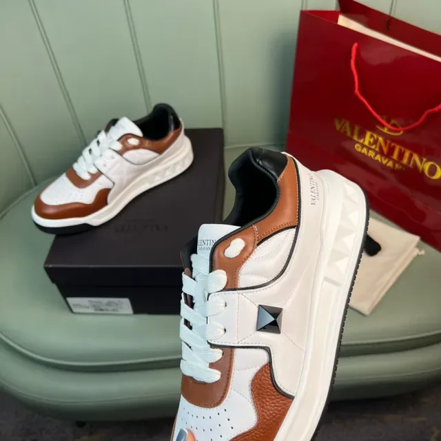 Valentino Rockstud Blanc Marron Cuir En Couches Et Maille Perforée Semelle Sculptée Baskets Épaisses 3