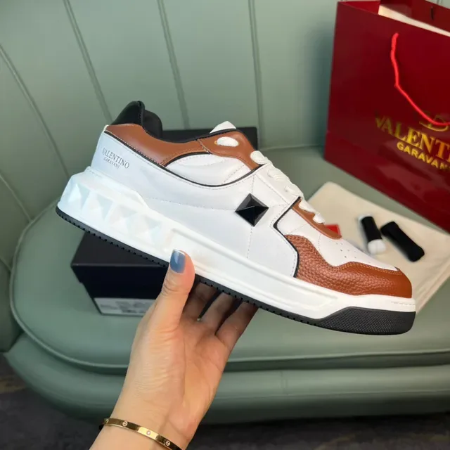 Valentino Rockstud Blanc Marron Cuir En Couches Et Maille Perforée Semelle Sculptée Baskets Épaisses 4