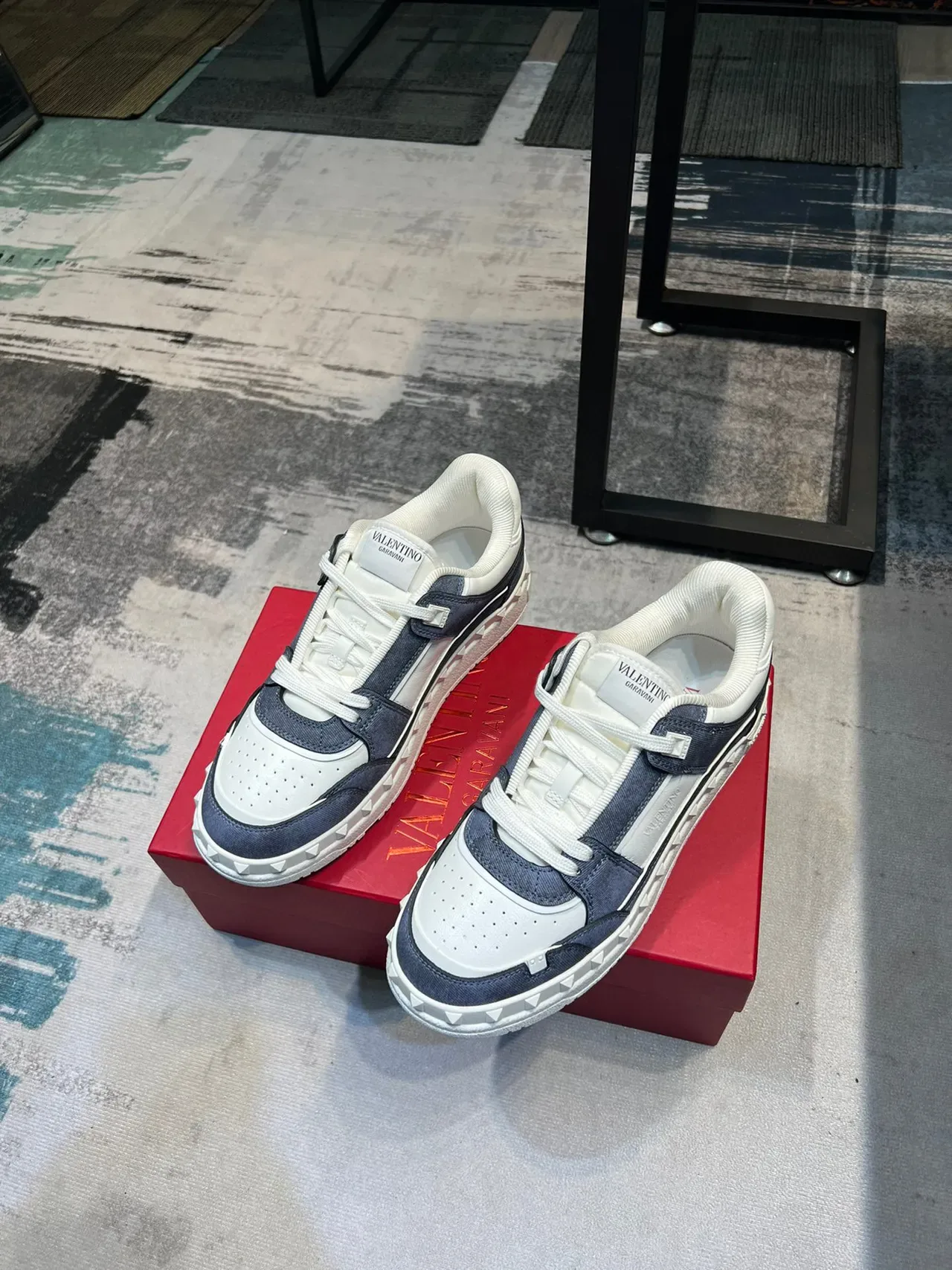 Valentino Rockstud White Navy Studded Sole Mixed-Material Upper Lifestyle Sneakers 2