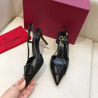 Valentino VLogo Black Gold Pointed Toe Slingback Strap Stiletto