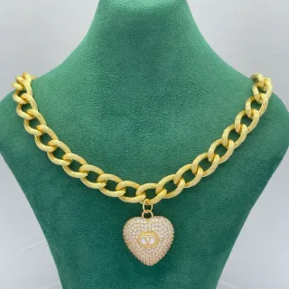 Valentino VLogo Heart Pavé Pendant Chunky Chain Necklace