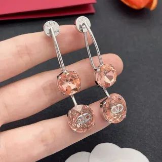 Valentino VLogo Pink Silver Double-Stone Drop Faceted Crystal Earrings