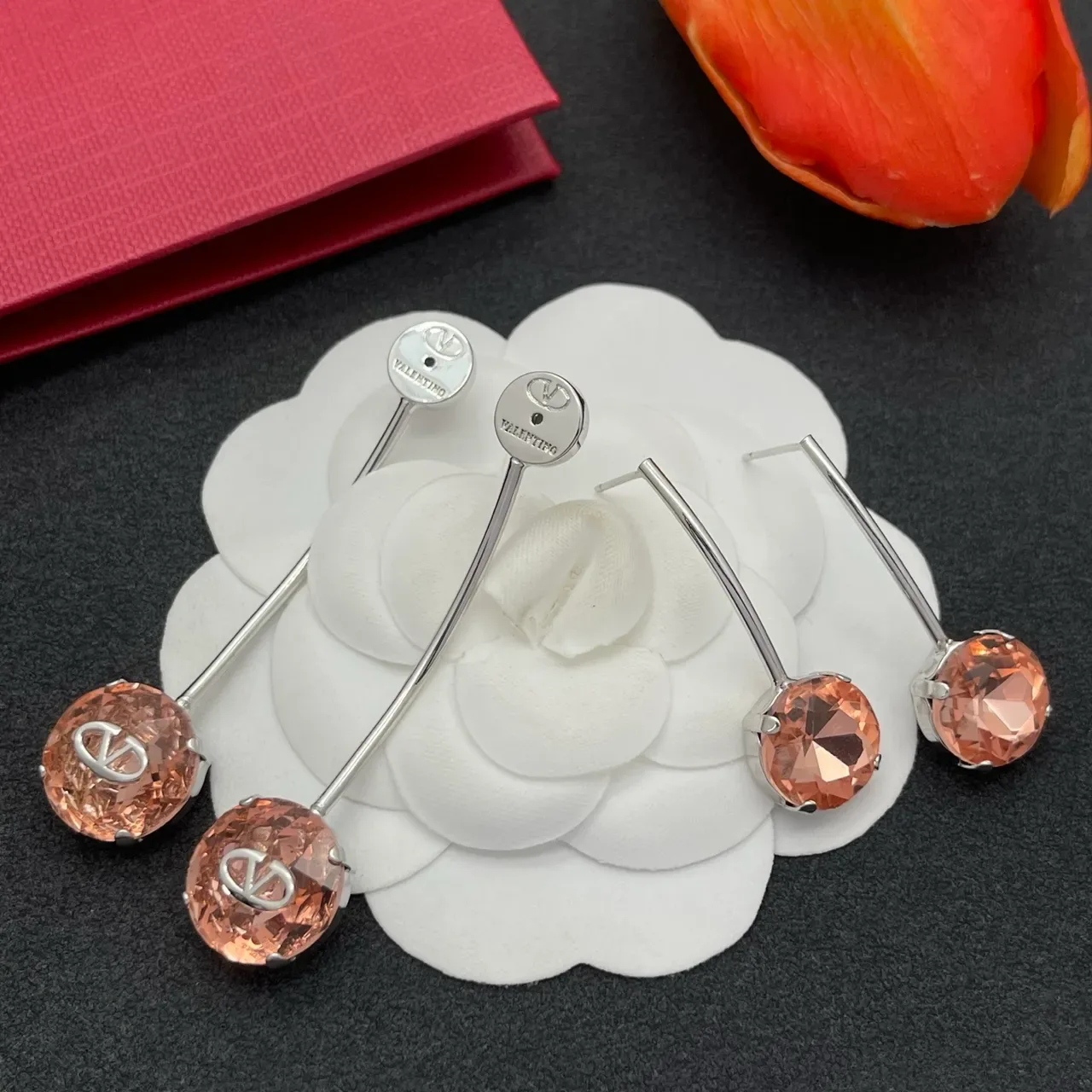 Valentino VLogo Brincos de Cristal Facetado Gota Dupla Pedra Rosa Prata 5