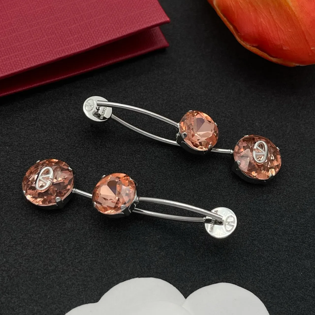 Valentino VLogo Brincos de Cristal Facetado Gota Dupla Pedra Rosa Prata 6